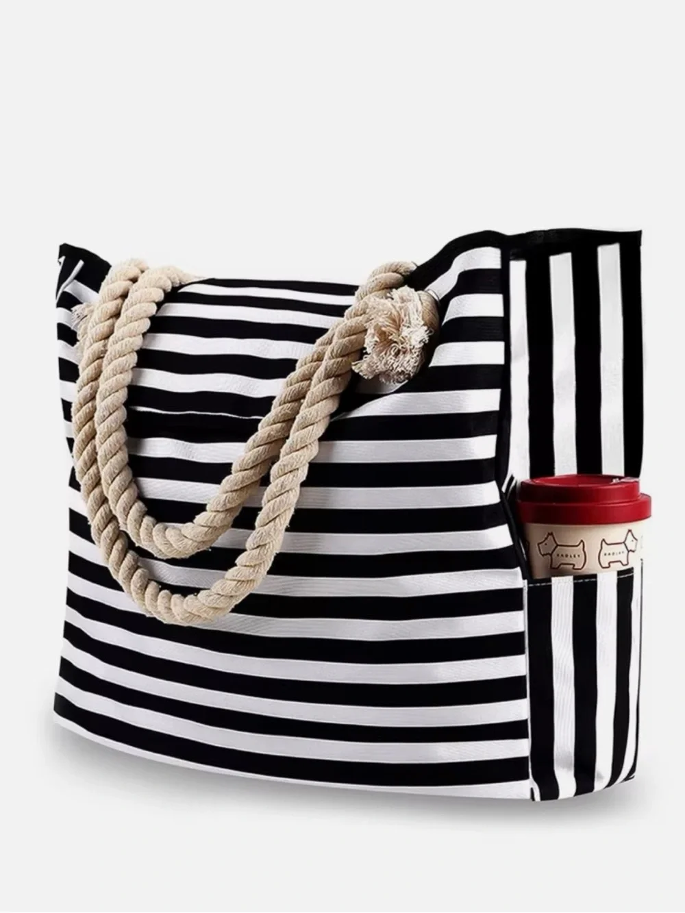 SPACIOUS BLACK AND WHITE STRIPED ROPE HANDLE WATERPROOF BEACH TOTE BAG 🌟NEW🌟